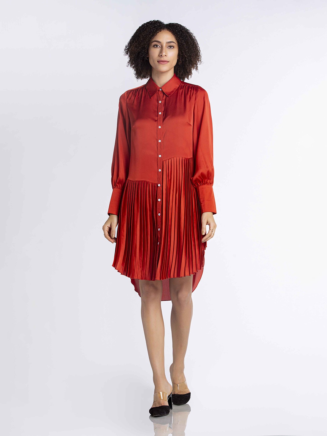 

MKOAL Accordion Pleats Bishop Sleeves Satin Shirt Dress, Red