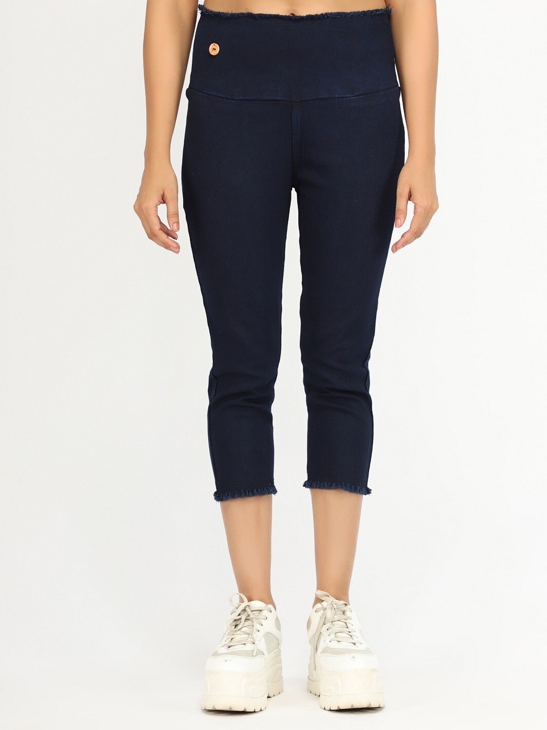 

AngelFab Women High Rise Skinny Fit Cotton Capris, Navy blue