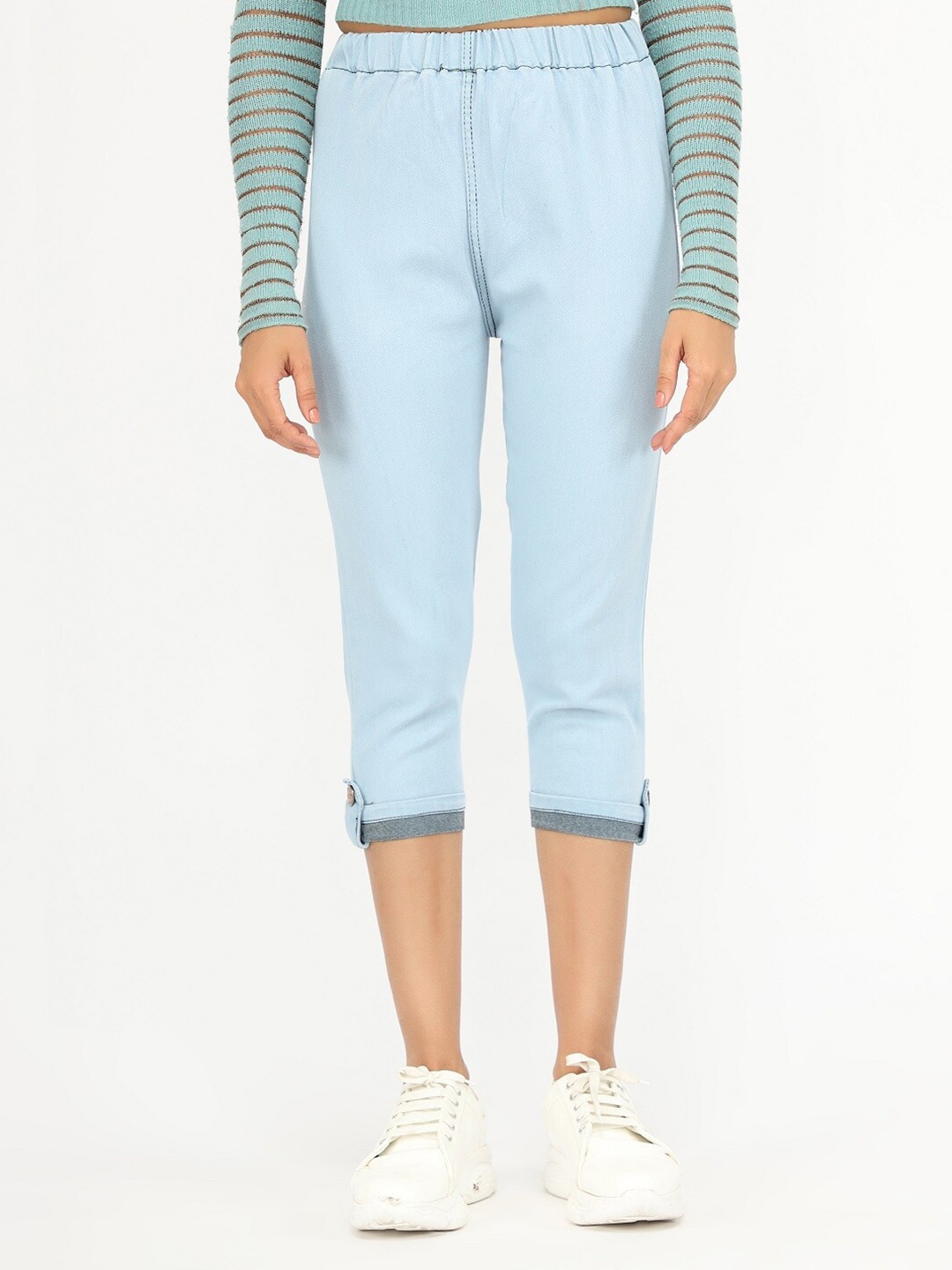 

AngelFab Women Skinny Fit High Rise Cotton Capris, Blue