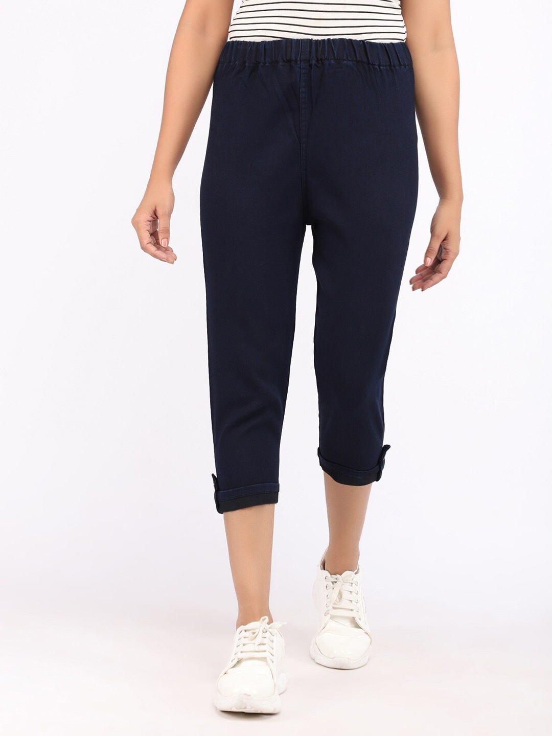 

AngelFab Women High Rise Skinny Fit Cotton Capris, Navy blue