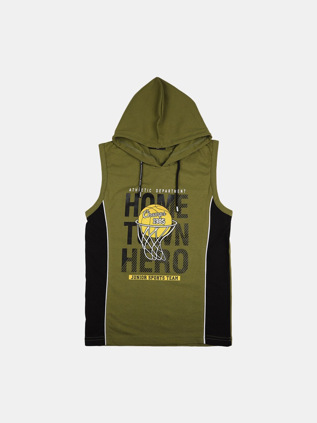 

V-Mart Boys Printed Cotton Single Jersey Hooded Vest, Olive