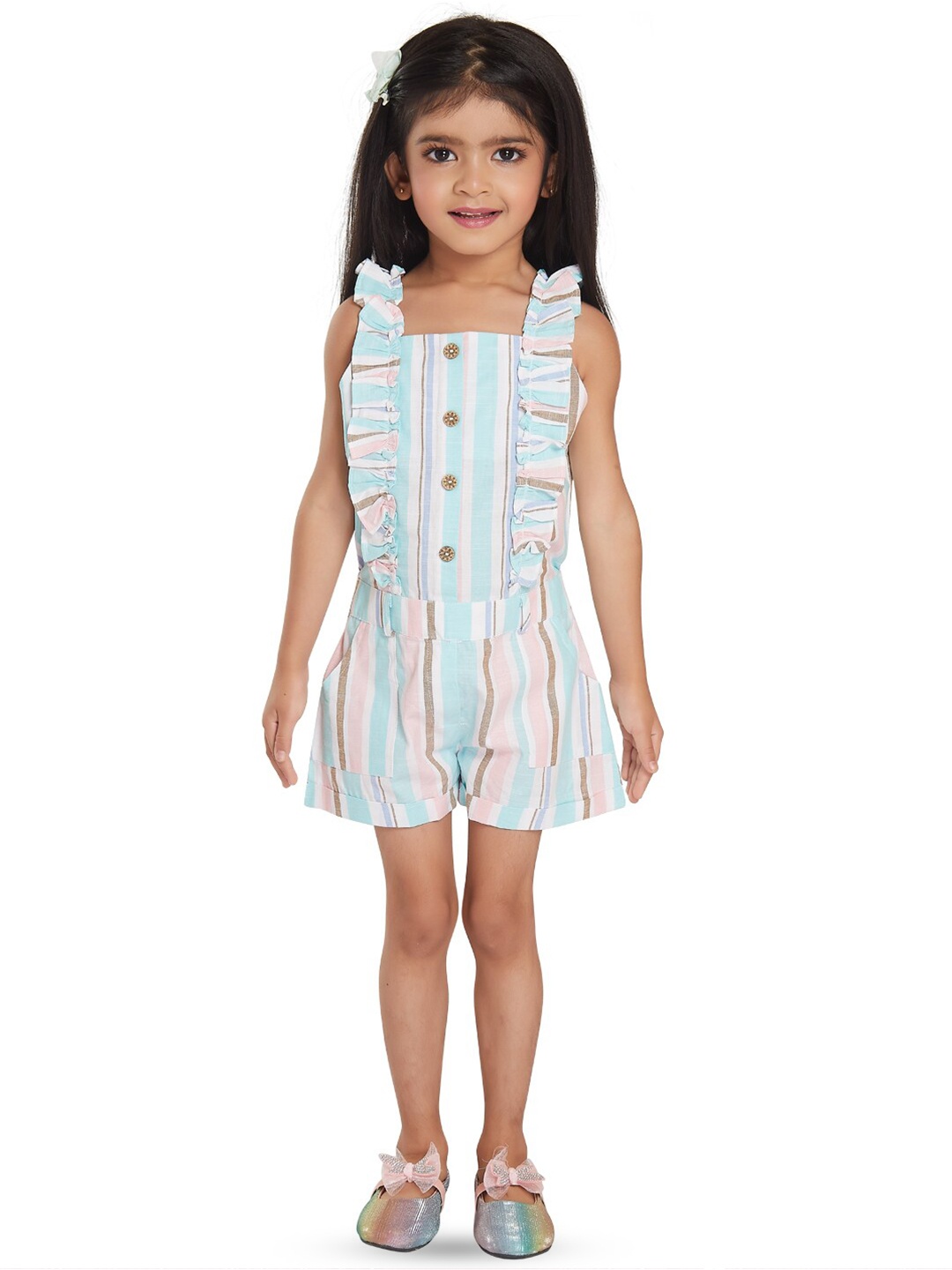 

Peppermint Girls Striped Square Neck Ruffle Detail Linen Playsuit, Sea green