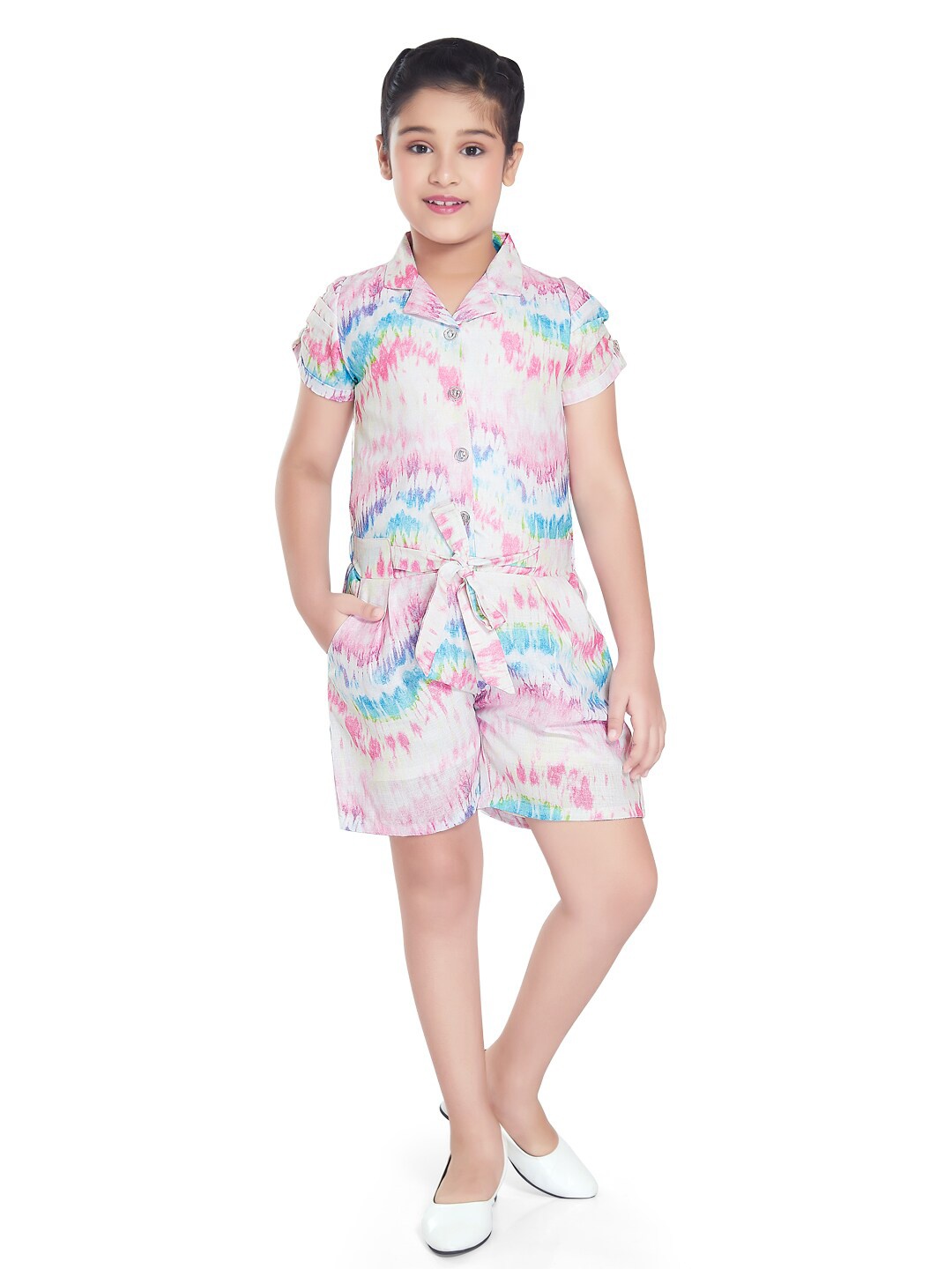

Peppermint Girls Abstract Printed Shirt Collar Cotton Playsuit Jumpsuit, White