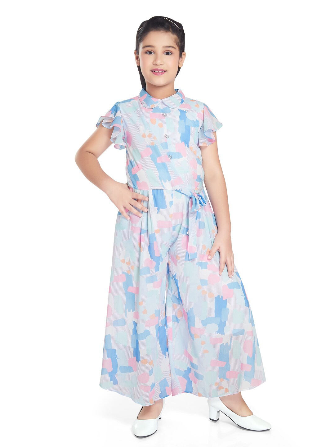 

Peppermint Girls Printed Shirt Collar Culotte Jumpsuit, Blue