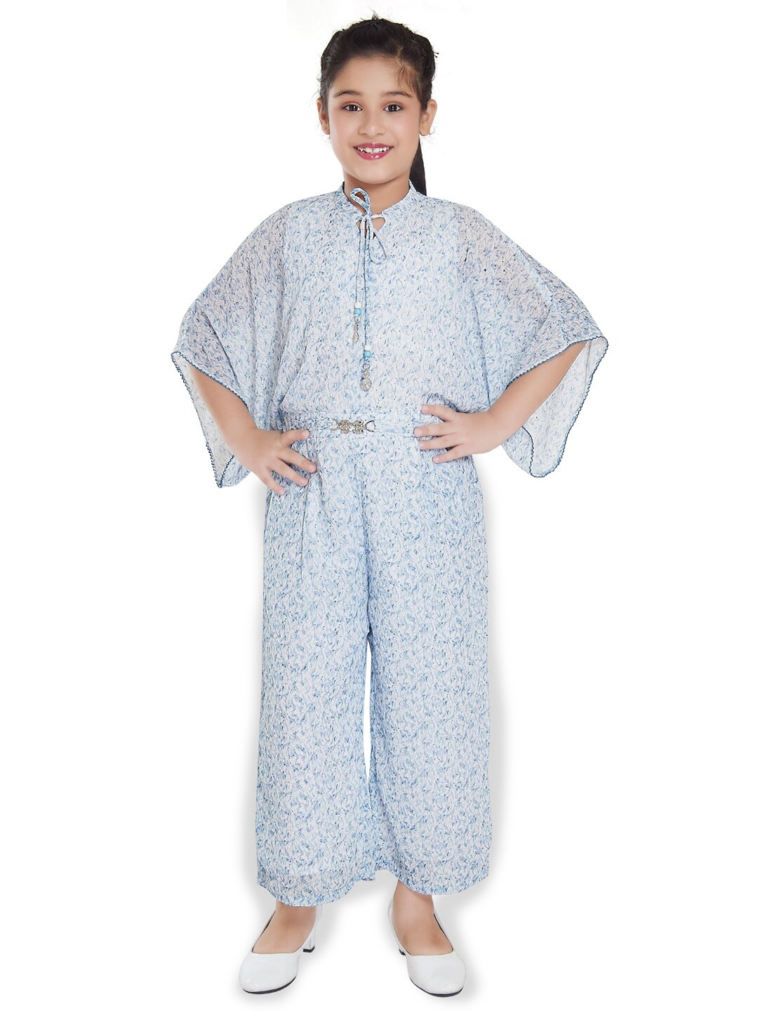 

Peppermint Girls Printed Tie-Up Neck Kimono Sleeves Basic Jumpsuit, Blue