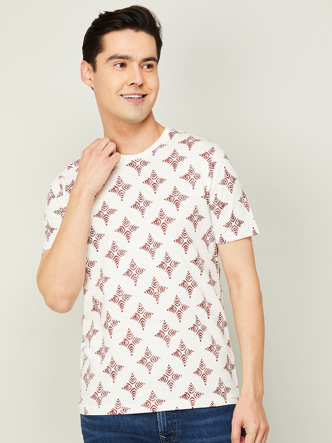 

Melange by Lifestyle Geometric Printed Knitted Cotton T-Shirt, Off white