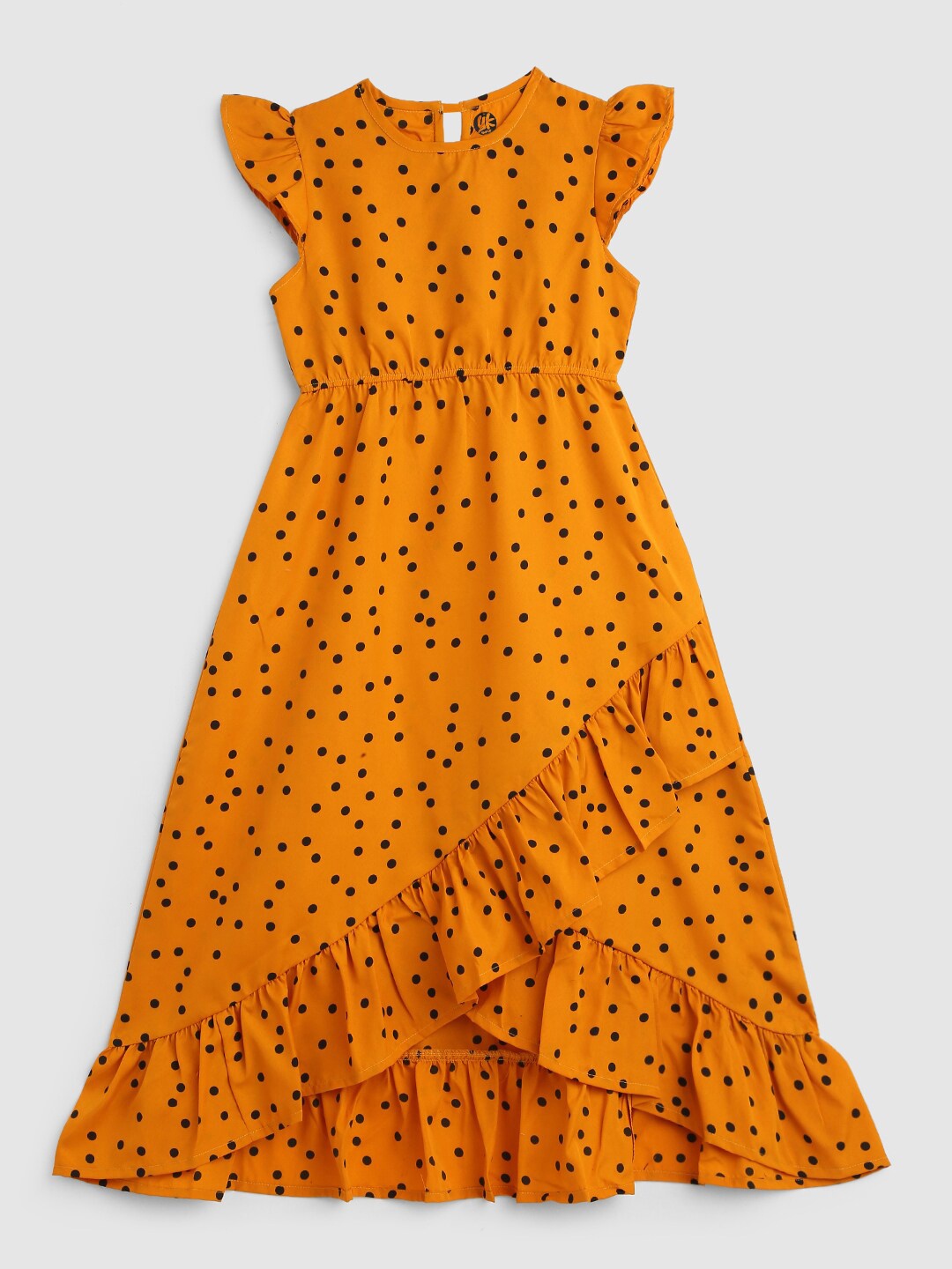 

YK Girls Polka Dots Printed Flutter Sleeves Fit & Flare Maxi Dress, Mustard