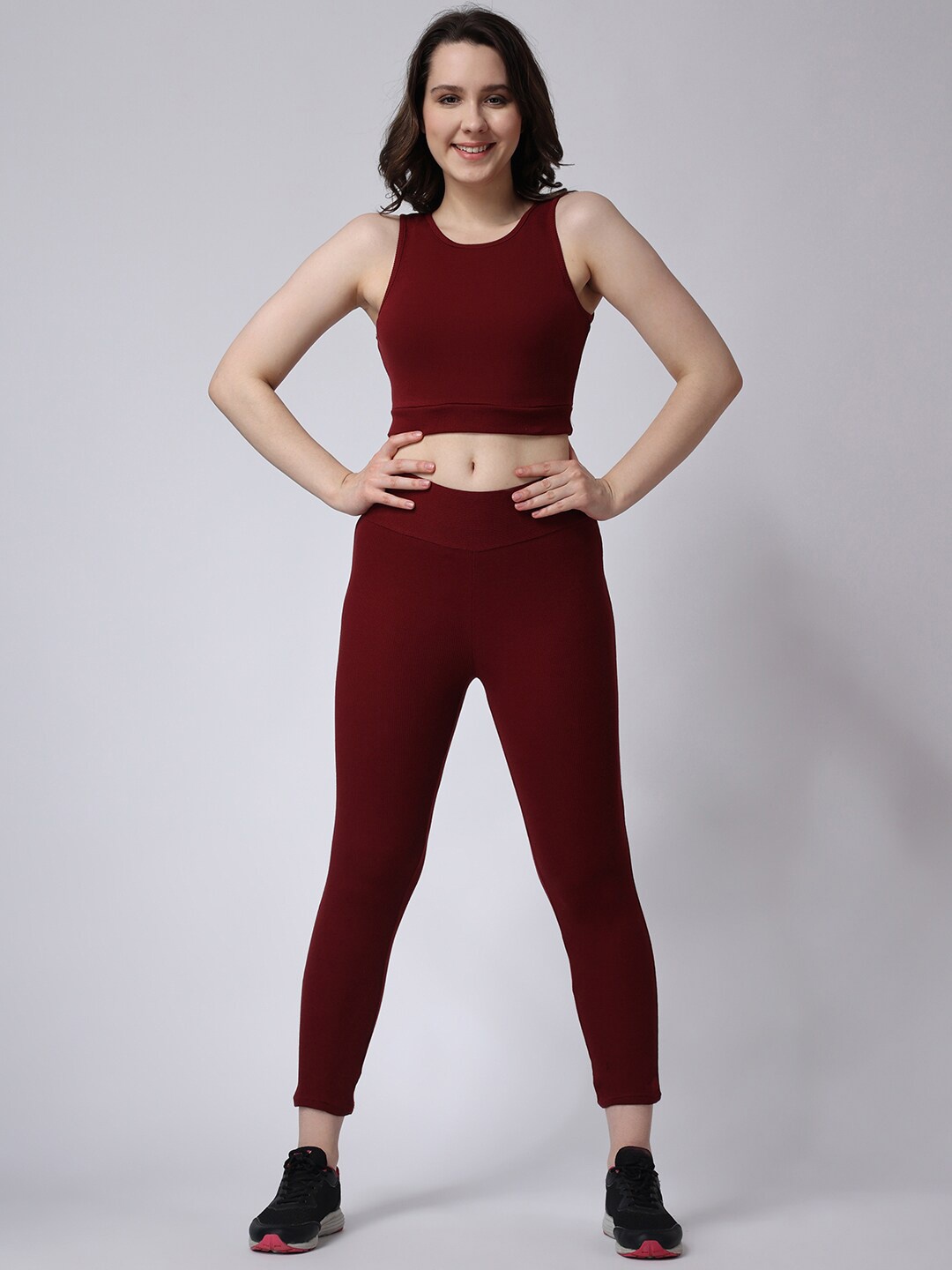 

The Label Bar Ribbed Cotton Sports Top With Tights, Maroon