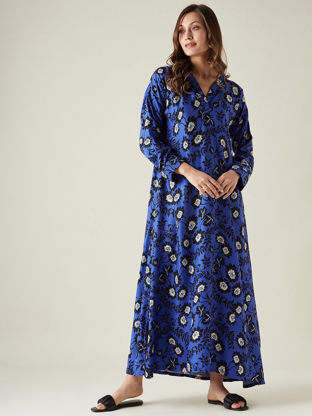 

The Kaftan Company Floral Printed Hooded Maxi Nightdress, Blue