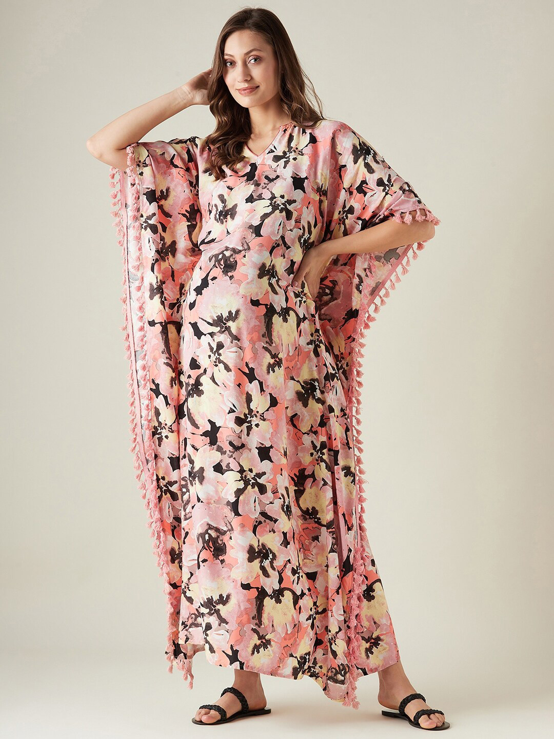 

The Kaftan Company Floral Printed Maxi Kaftan Nightdress, Peach