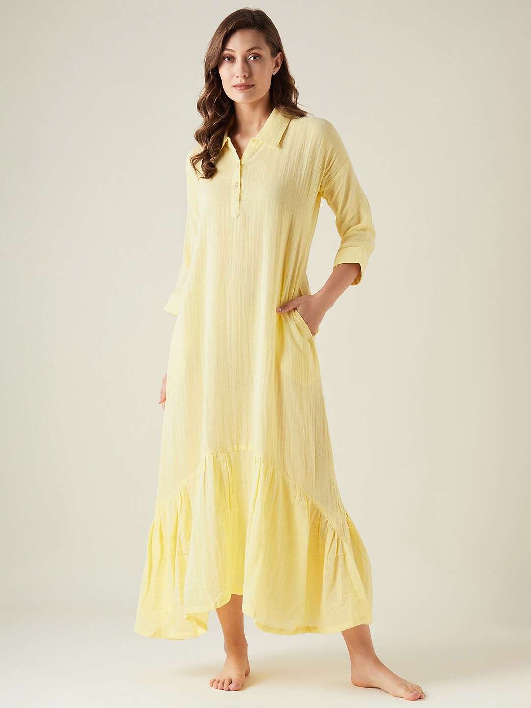 

The Kaftan Company Shirt Collar Pure Cotton Maxi Nightdress, Yellow
