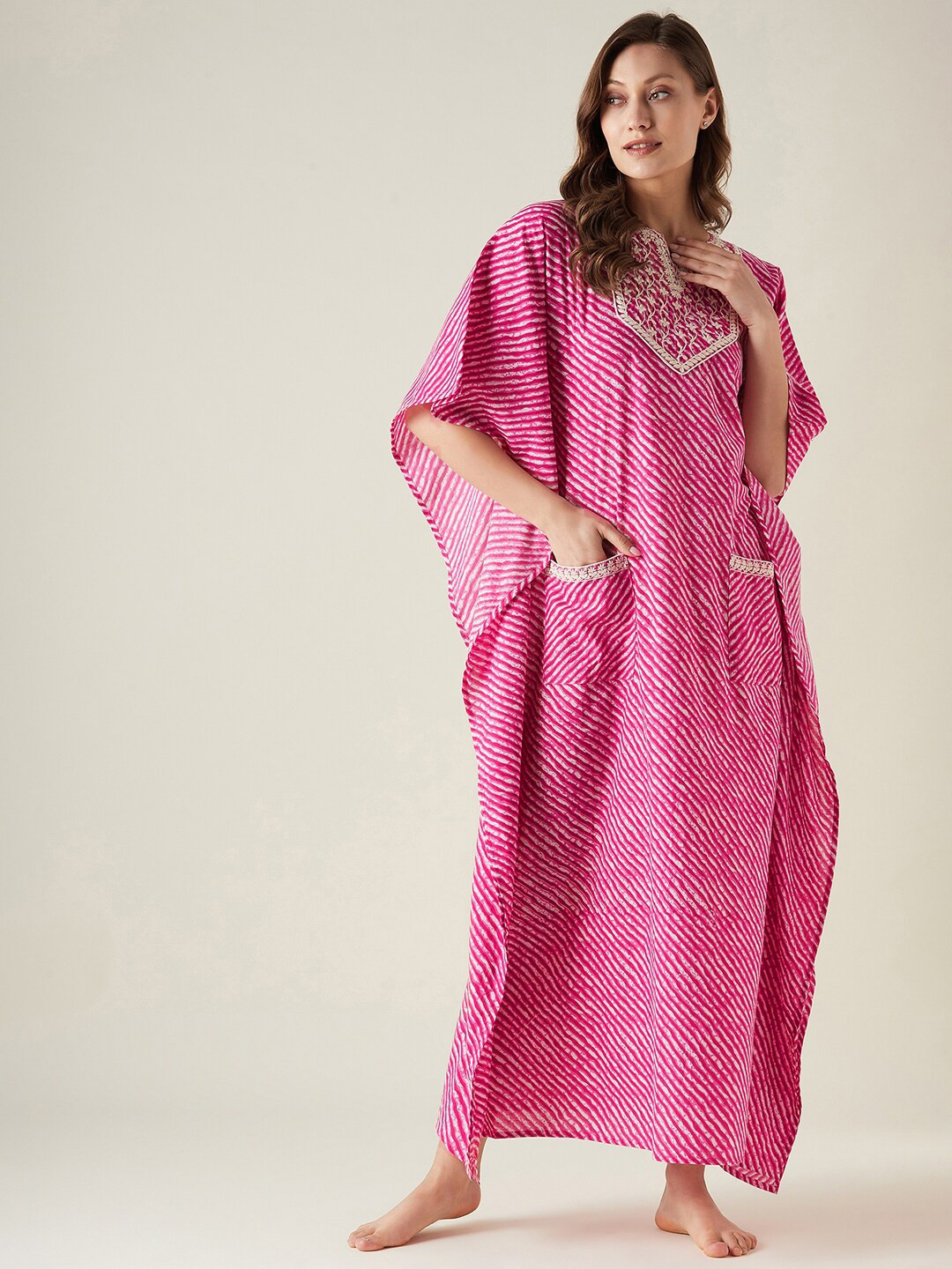 

The Kaftan Company Leheriya Striped Pure Cotton Maxi Kaftan Nightdress, Pink