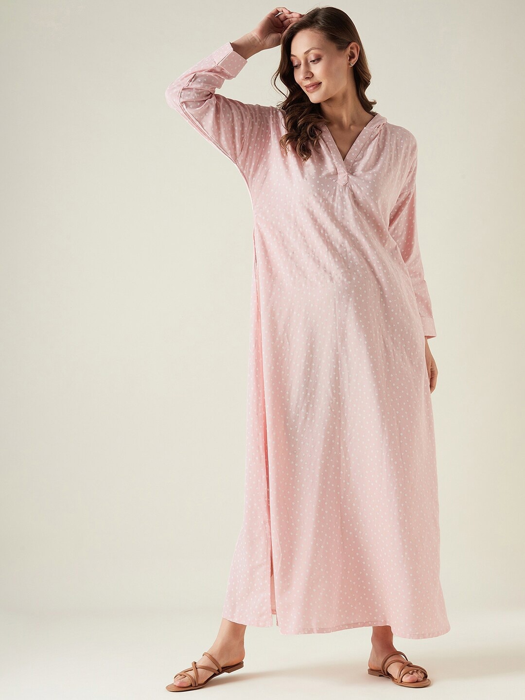 

The Kaftan Company Polka Dots Printed Hooded Maxi Nightdress, Pink