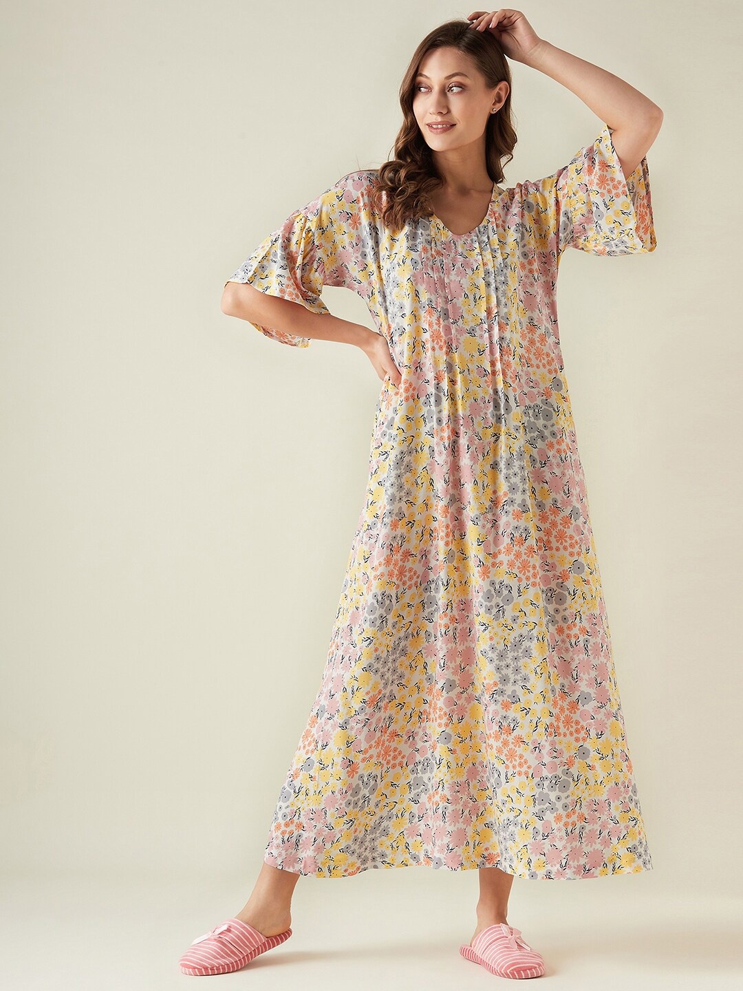 

The Kaftan Company Floral Printed Maxi Nightdress, Yellow