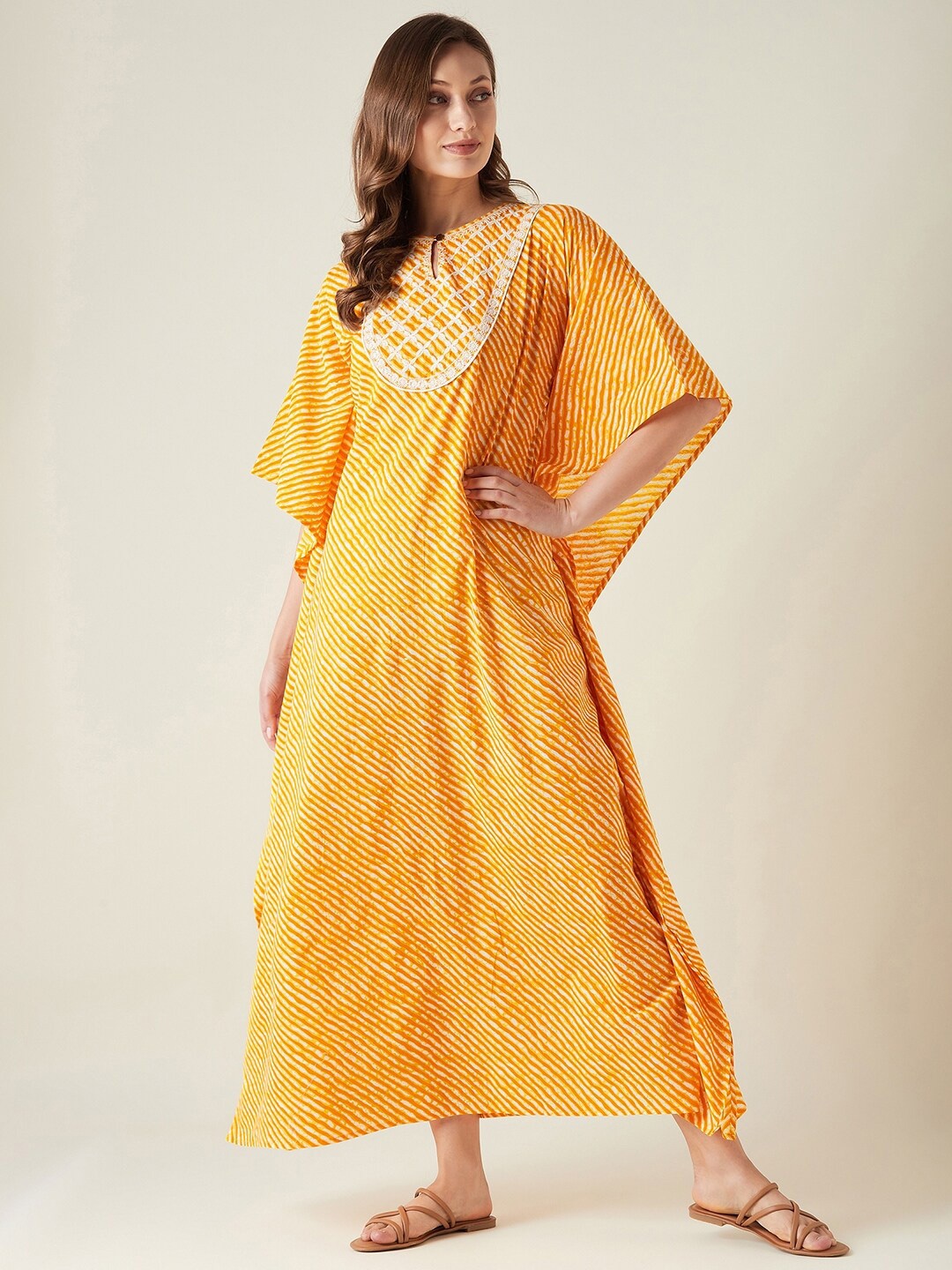 

The Kaftan Company Leheriya Striped Pure Cotton Maxi Kaftan Nightdress, Yellow