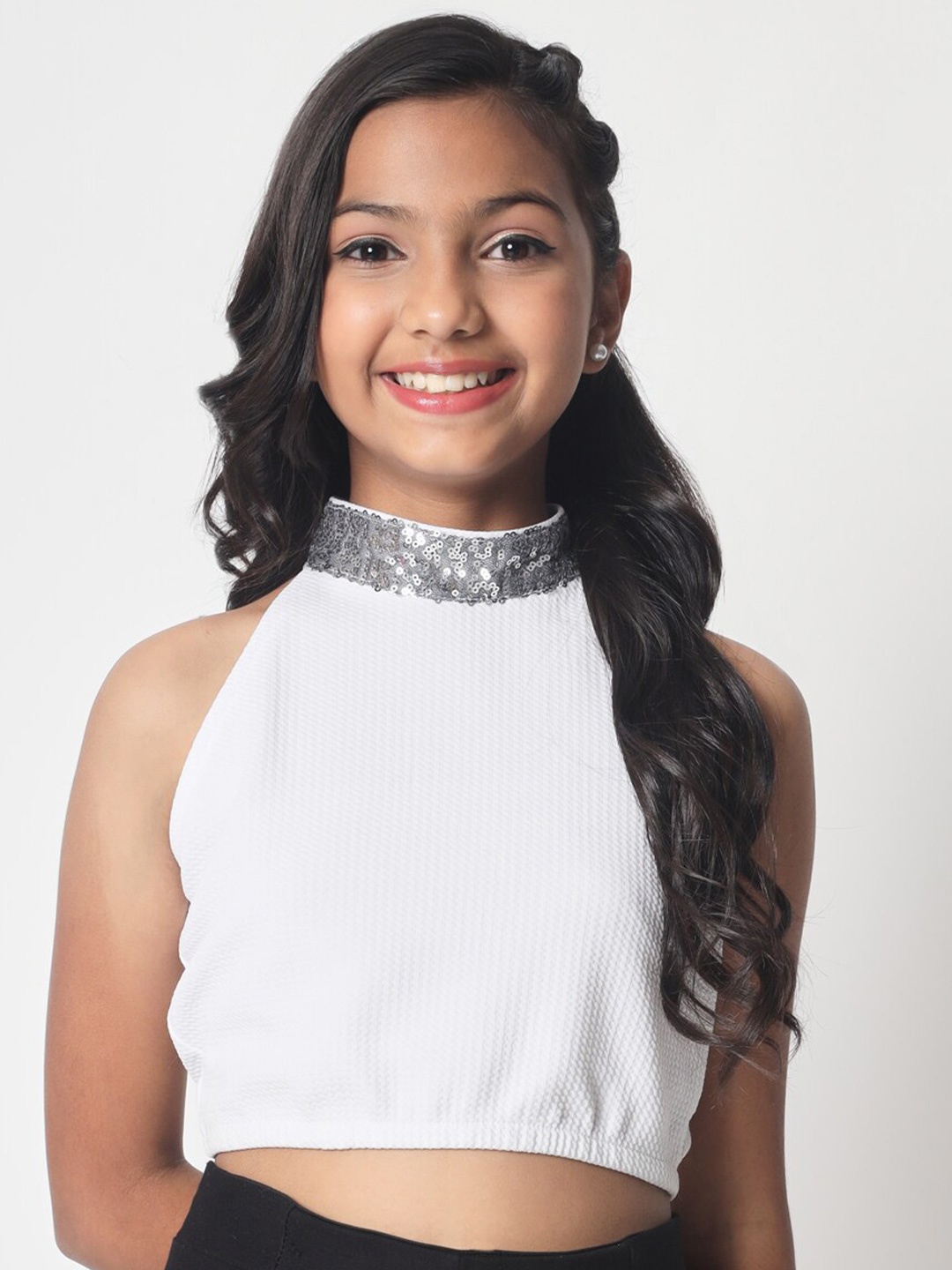 

studio rasa Girls Halter Neck Embellished Crop Top, White