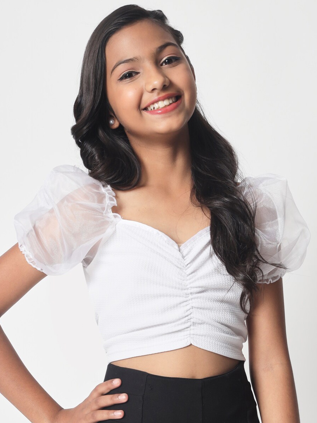 

studio rasa Girls Sweetheart Neck Ruched Crop Top With Organza Puff Sleeves, White