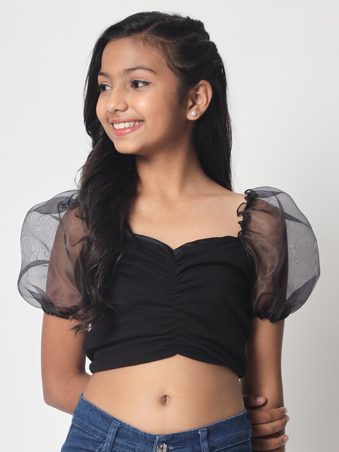 

studio rasa Sweetheart Neck Puff Sleeves Ruched Crop Top, Black