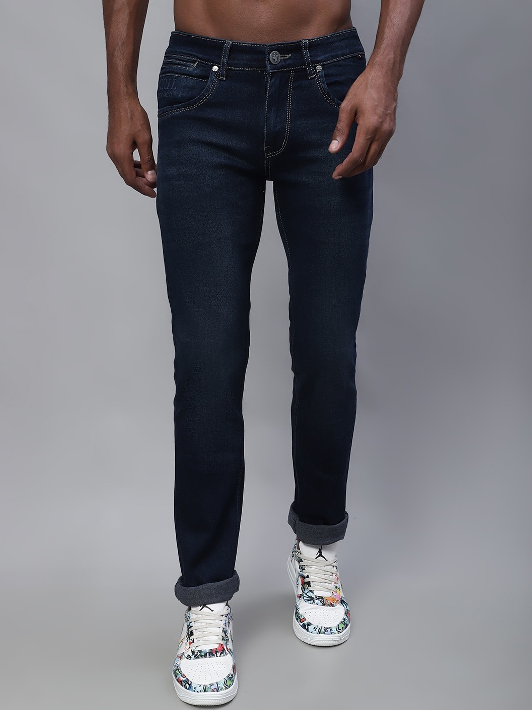 

Cantabil Men Regular Fit Light Fade Stretchable Cotton Jeans, Navy blue