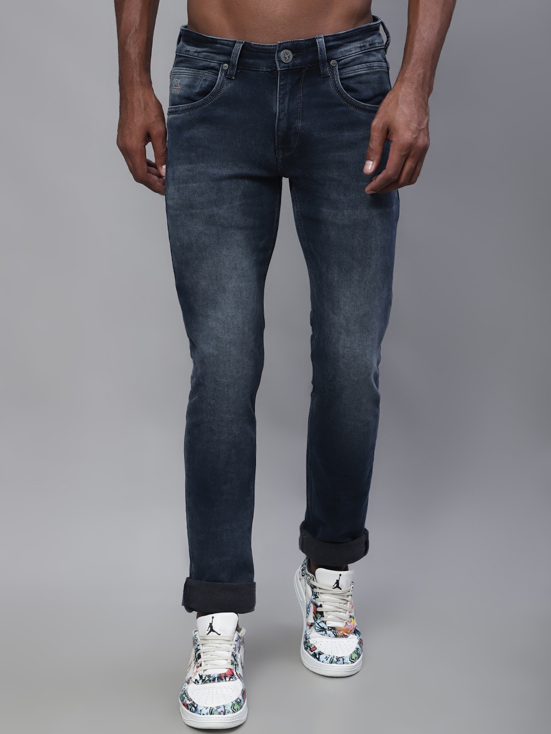 

Cantabil Men Regular Fit Heavy Fade Stretchable Cotton Jeans, Navy blue