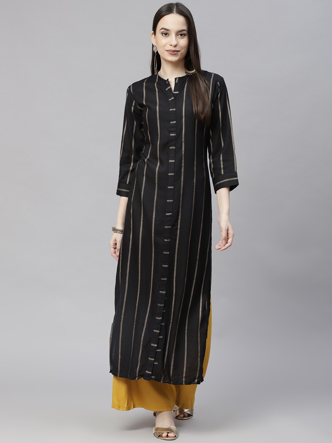 

Aasiya Striped Band Collar Straight Kurta, Black