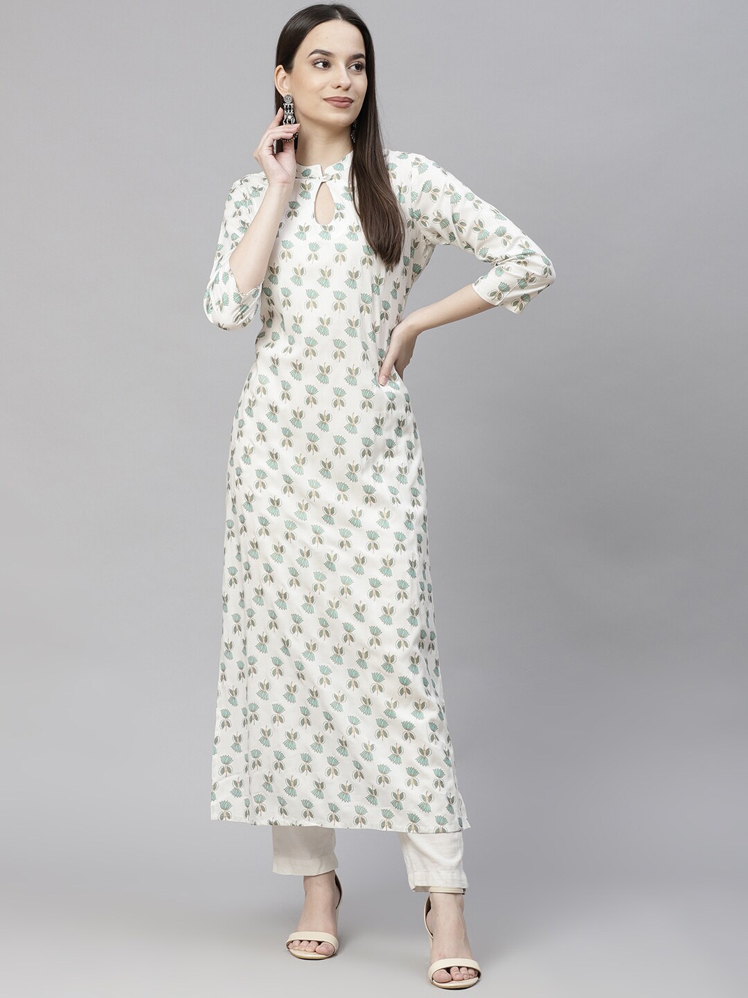 

Aasiya Floral Printed Keyhole Neck Straight Kurta, White