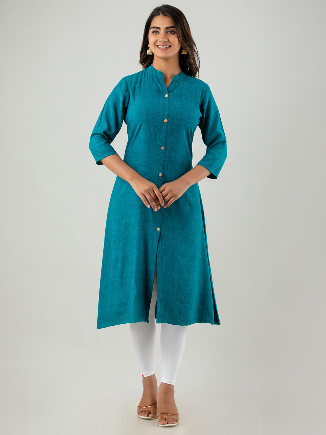 

DORIYA Mandarin Collar Straight Cotton Kurta, Teal