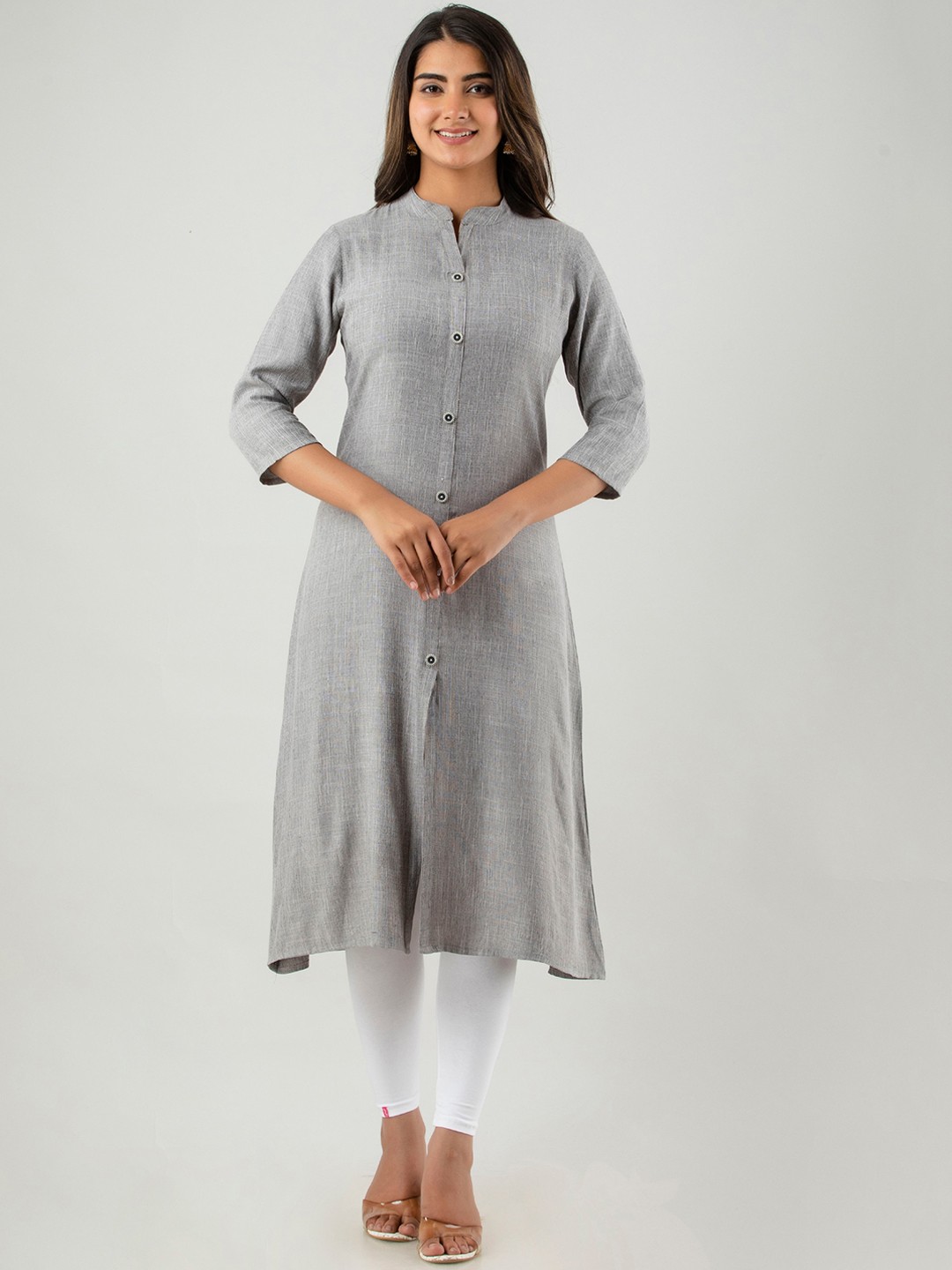 

DORIYA Band Collar A-Line Kurta, Grey