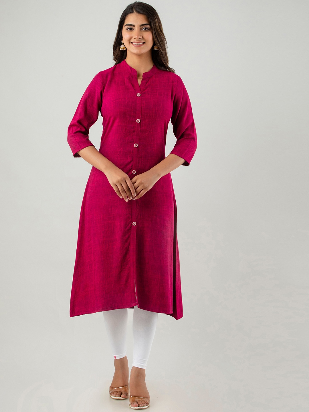 

DORIYA Mandarin Collar Straight Cotton Kurta, Magenta