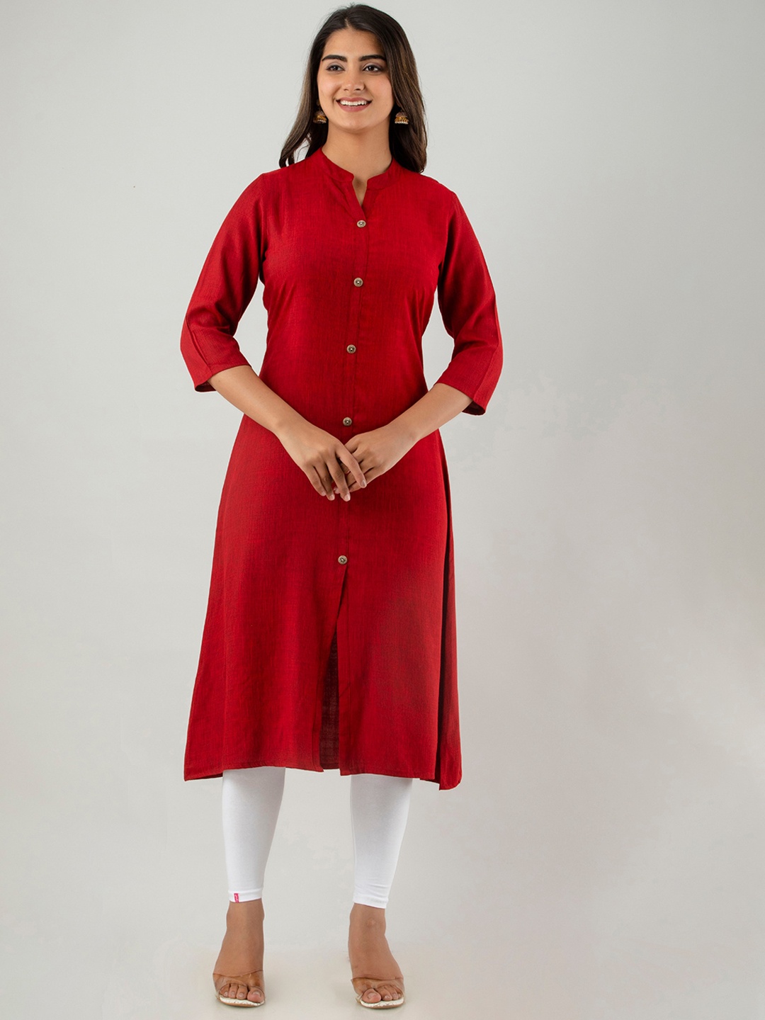 

DORIYA Mandarin Collar Straight Cotton Kurta, Red