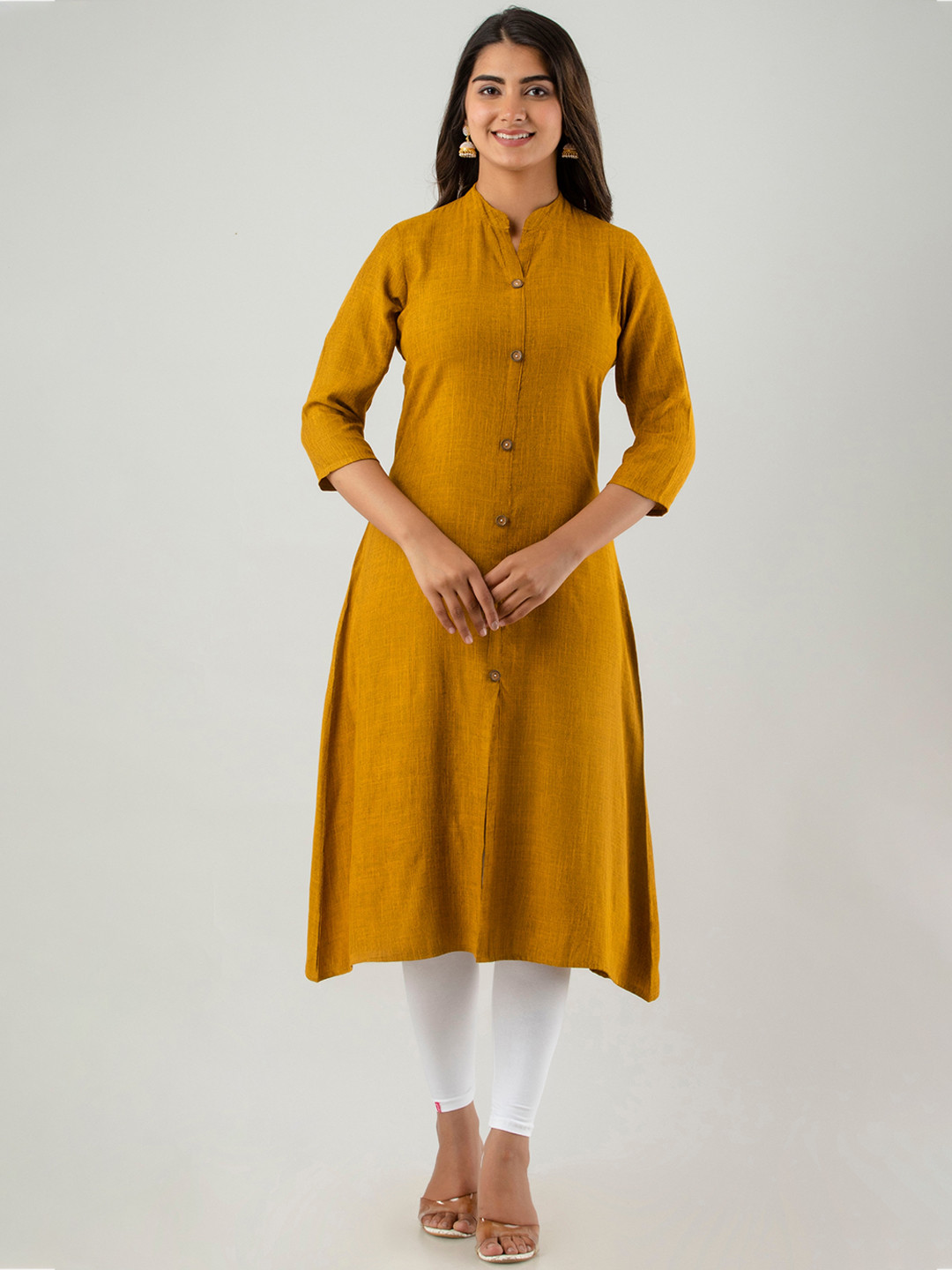 

DORIYA Band Collar A-Line Kurta, Mustard