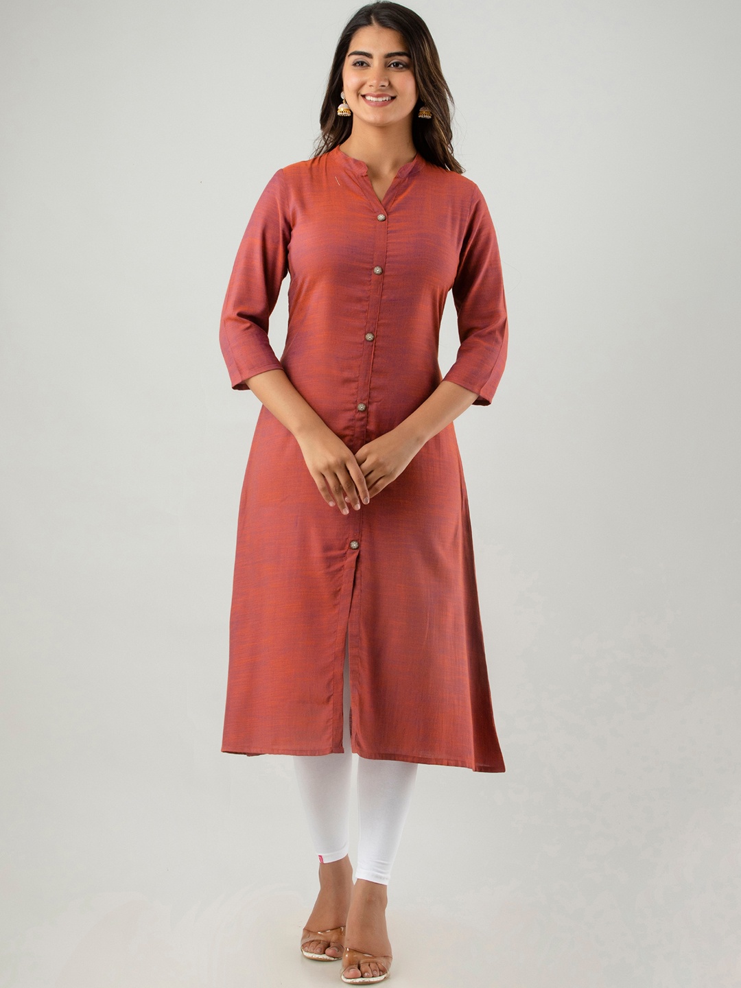 DORIYA Mandarin Collar Woven Design Cotton Kurta, Orange