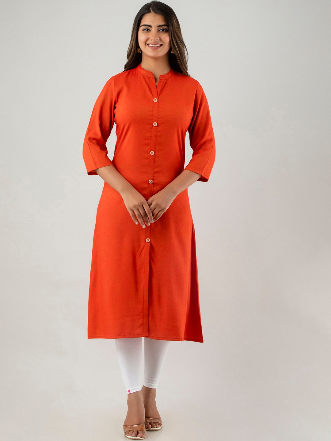 

DORIYA Mandarin Collar Straight Cotton Kurta, Orange