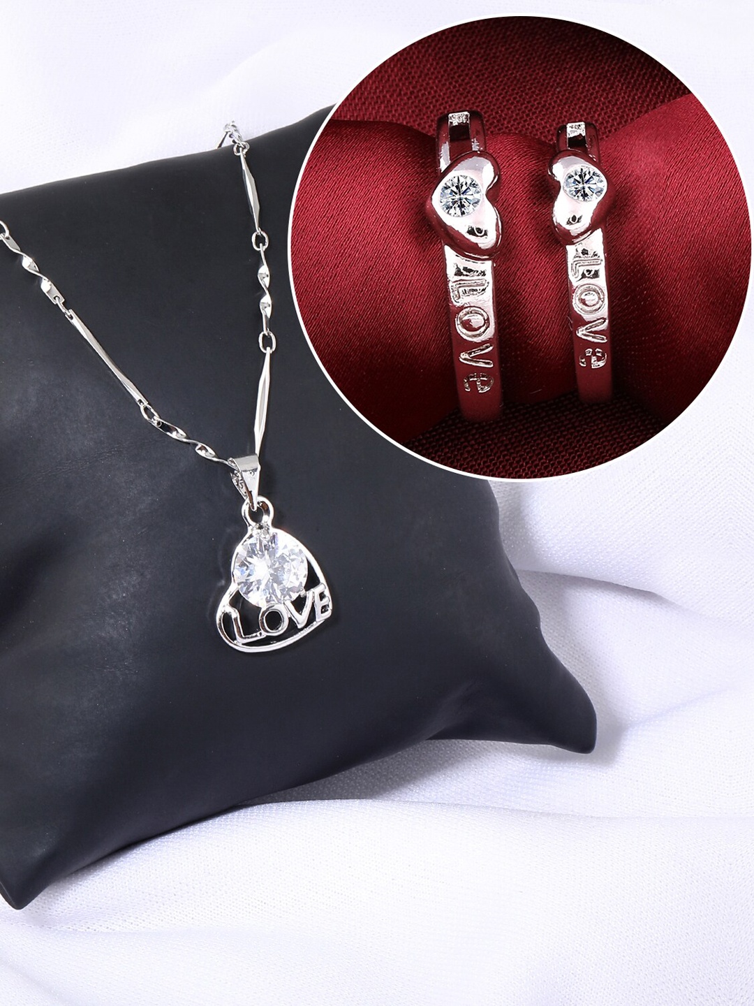 

Silver Shine Silver Plated AD Studded Necklace With Couple Rings