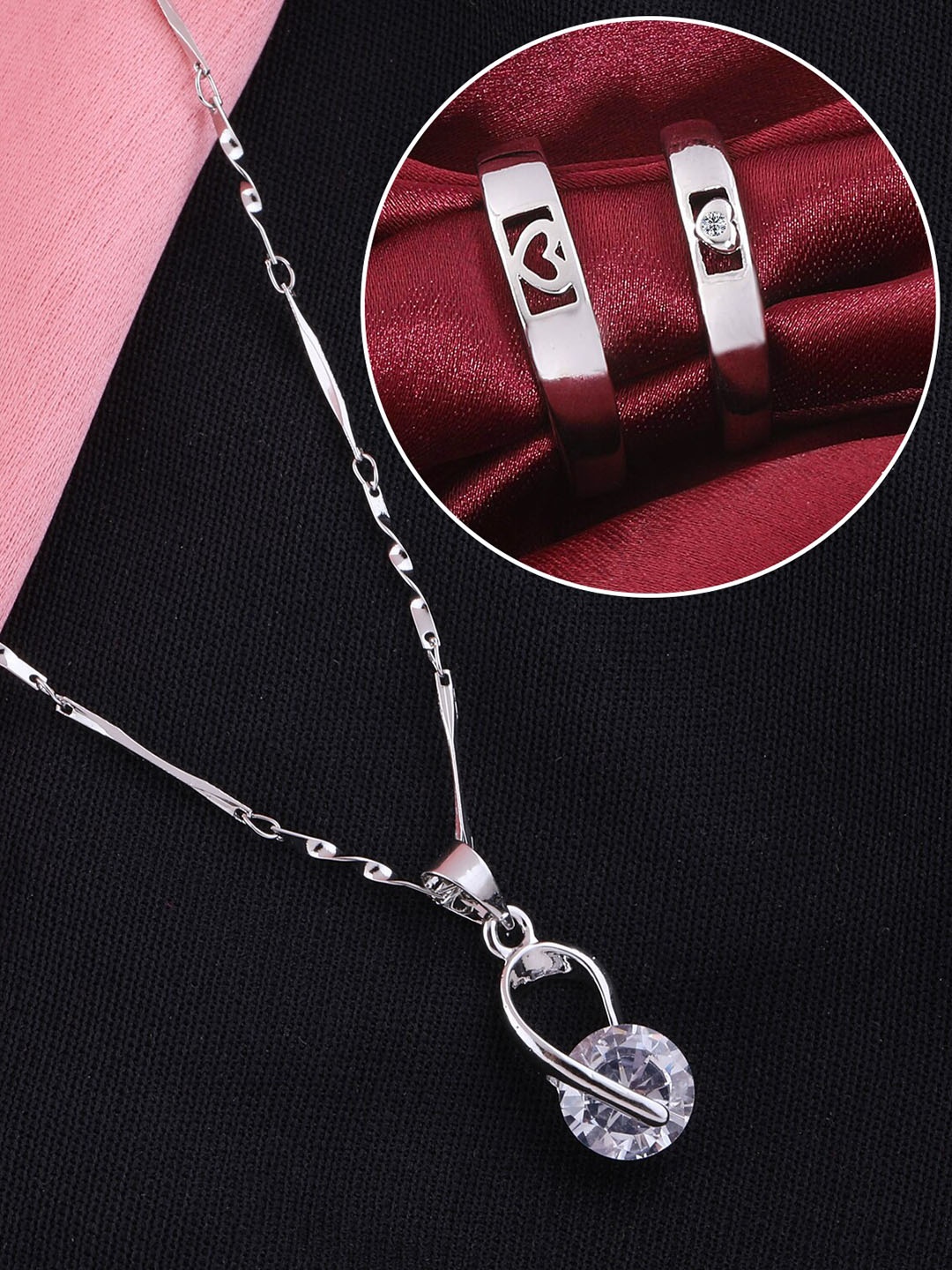 

Silver Shine Silver-Plated AD-Studded Couple Rings And Pendant Chain Jewellery Set