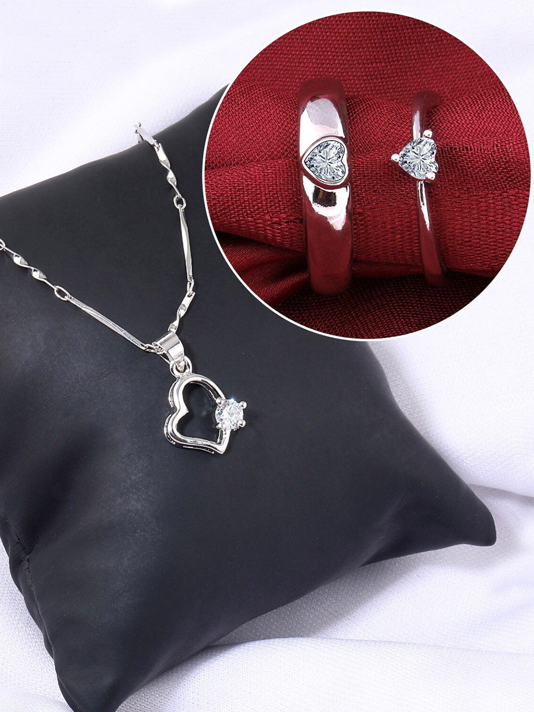 

Silver Shine Silver-Plated AD-Studded Couple Rings And Pendant Chain Jewellery Set