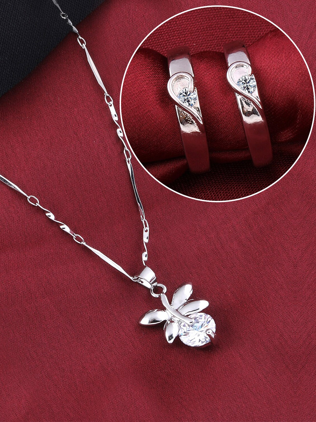 

Silver Shine Silver-Plated AD Studded Necklace With Adjustable Couple Rings