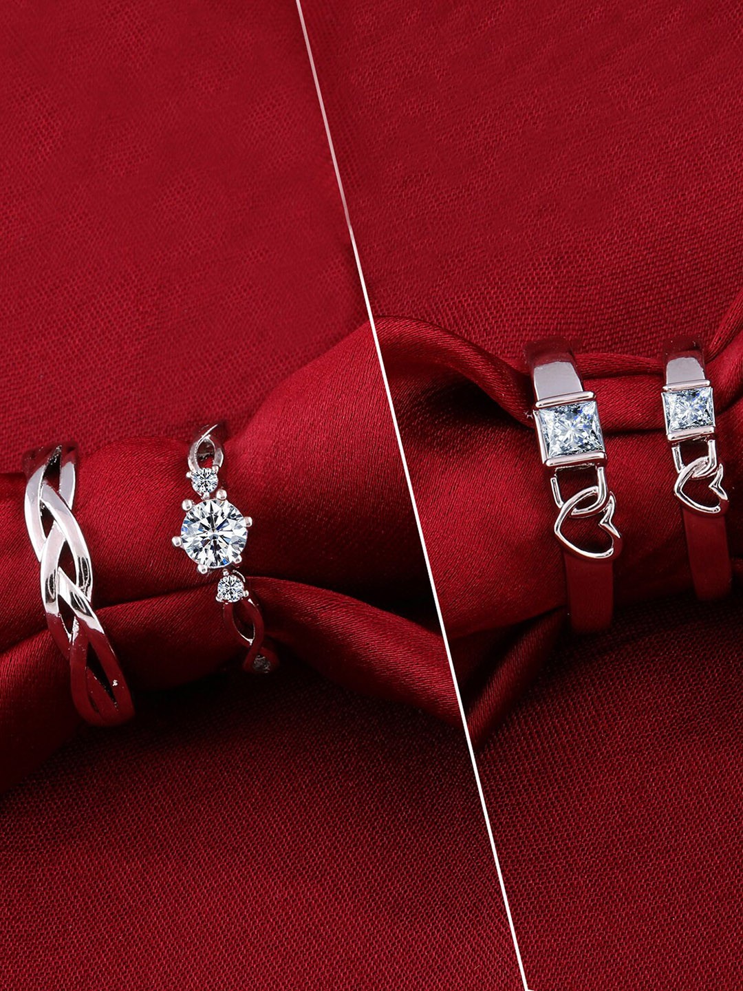 

Silver Shine Set Of 4 Silver-Plated AD-Studded Couple Finger Rings