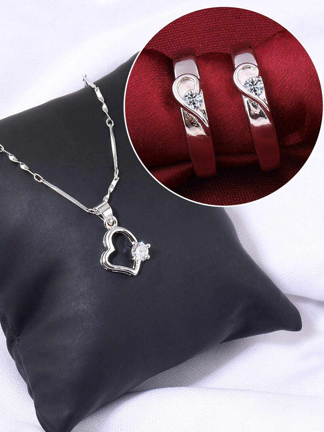 

Silver Shine Silver-Plated AD Studded Necklace With Adjustable Couple Rings