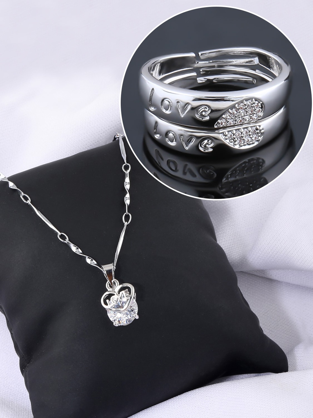 

Silver Shine Silver-Plated AD Studded Necklace With Adjustable Couple Rings