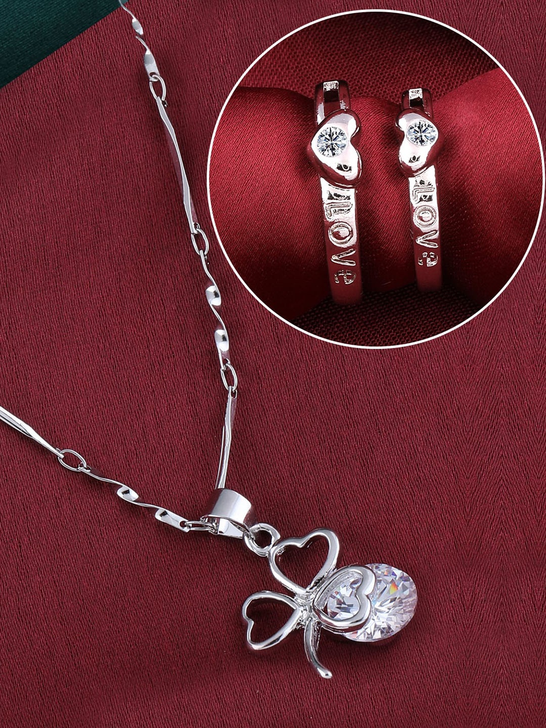 

Silver Shine Silver Plated Set Of 2 Adjustable Couple Rings With Pendant Chain