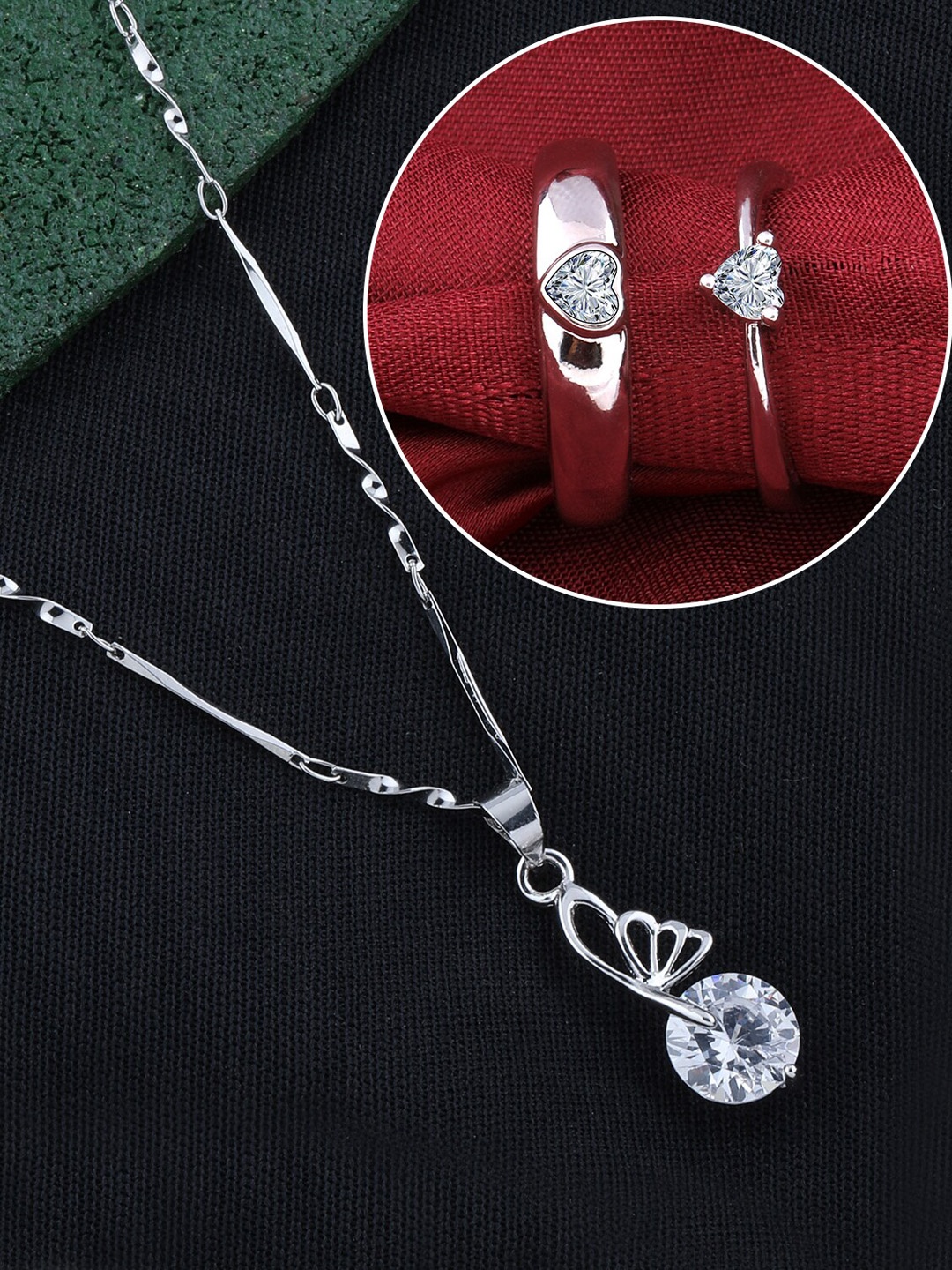 

Silver Shine Silver-Plated AD-Studded Couple Rings And Pendant Chain Jewellery Set