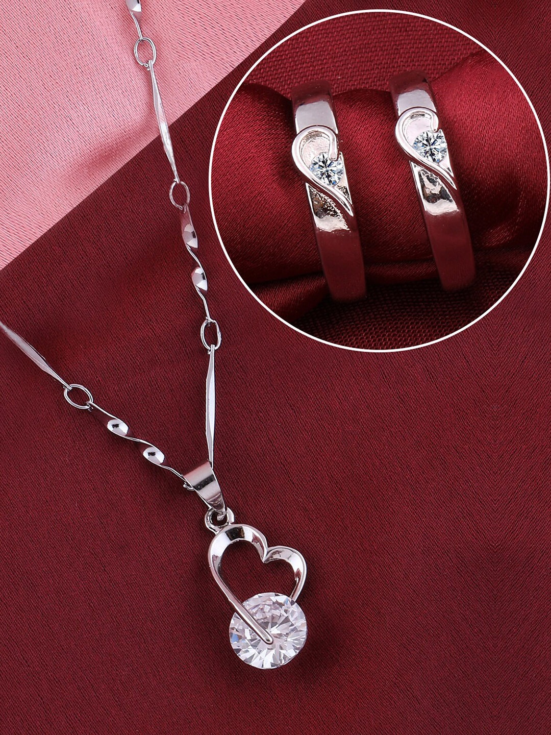 

Silver Shine Silver Plated Set Of 2 Adjustable Couple Rings With Pendant Chain