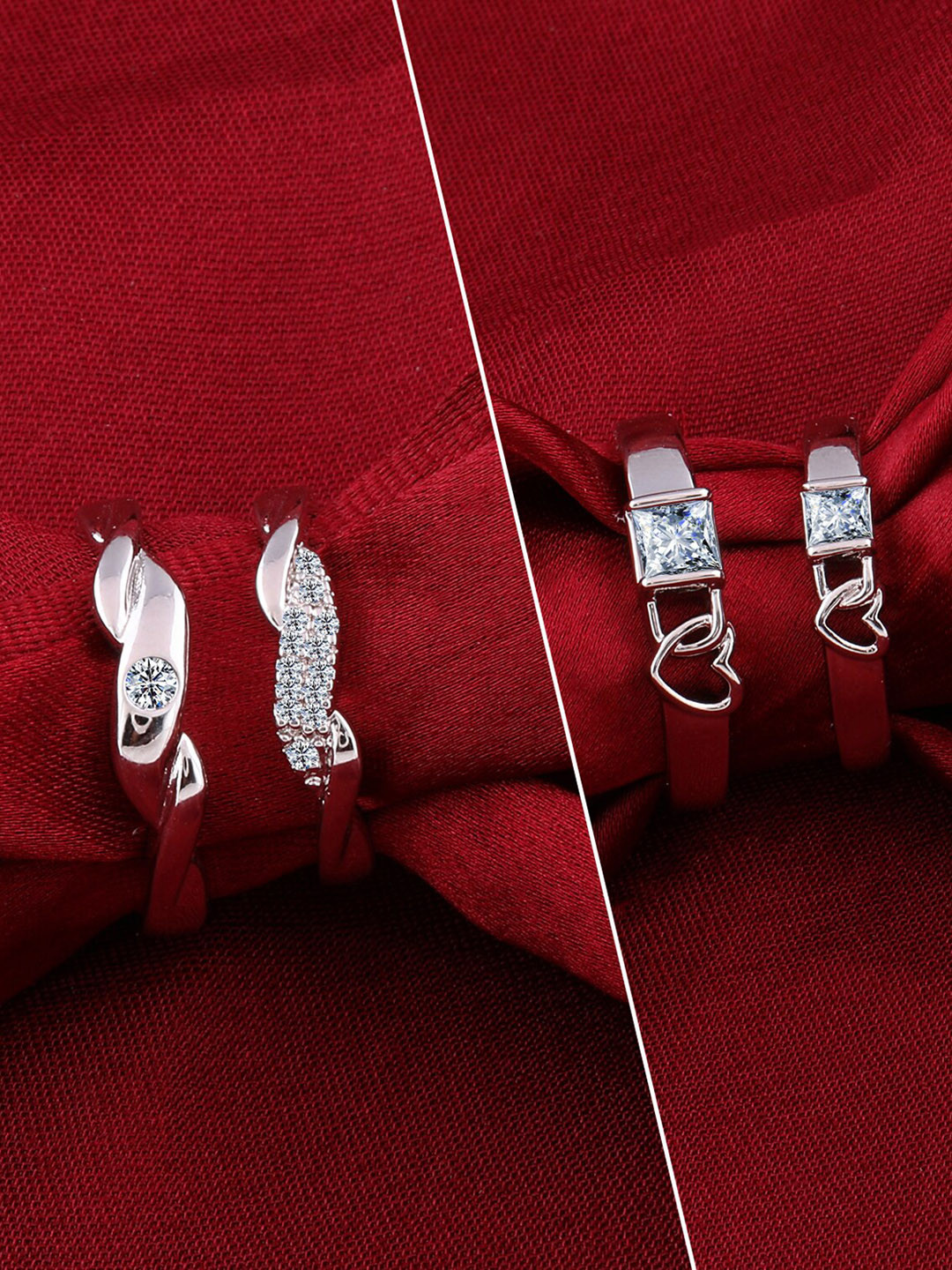 

Silver Shine Set Of 4 Silver-Plated American Diamond studded Couple Adjustable Rings