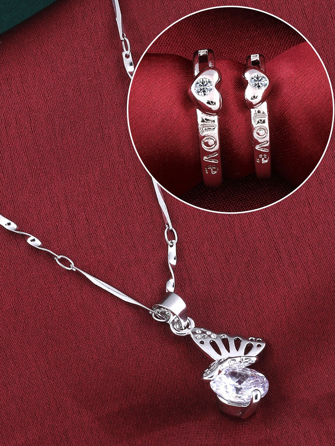 

Silver Shine Silver-Plated AD-Studded Couple Rings And Pendant Chain Jewellery Set