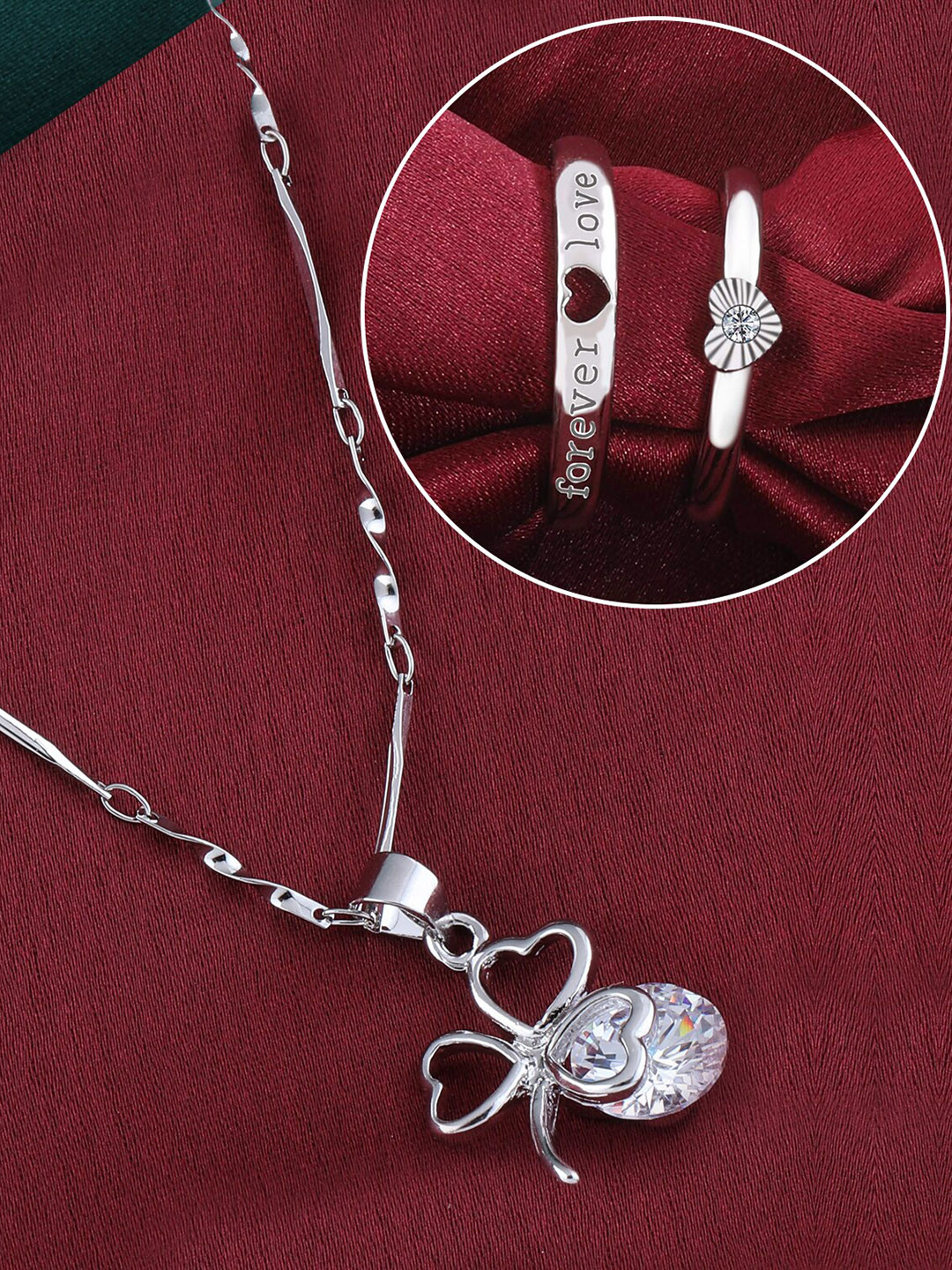 

Silver Shine Set Of 2 Adjustable Couple Rings With Pendant Chain