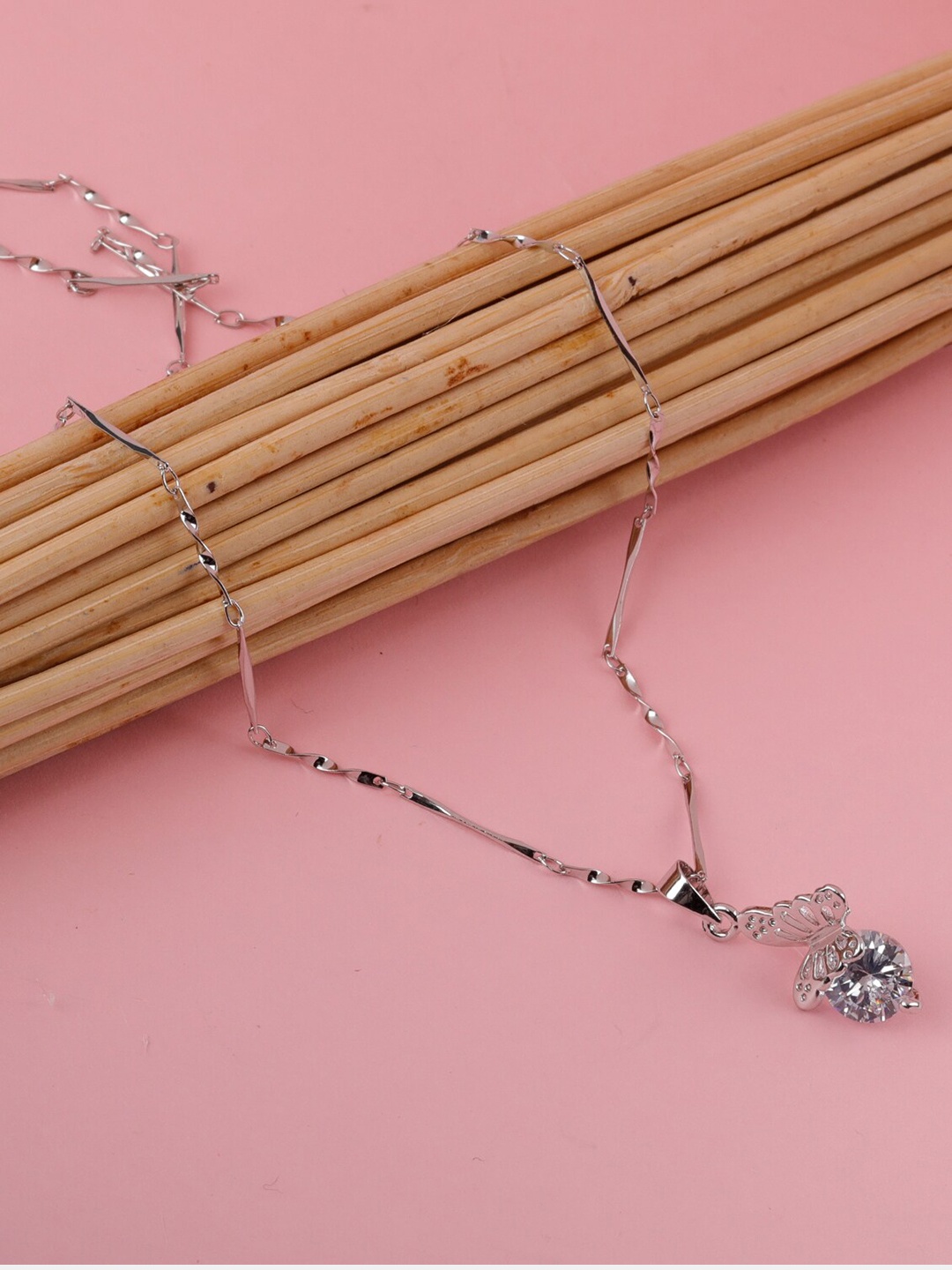 

Silver Shine Silver-Plated AD-Studded Couple Rings And Pendant Chain Jewellery Set