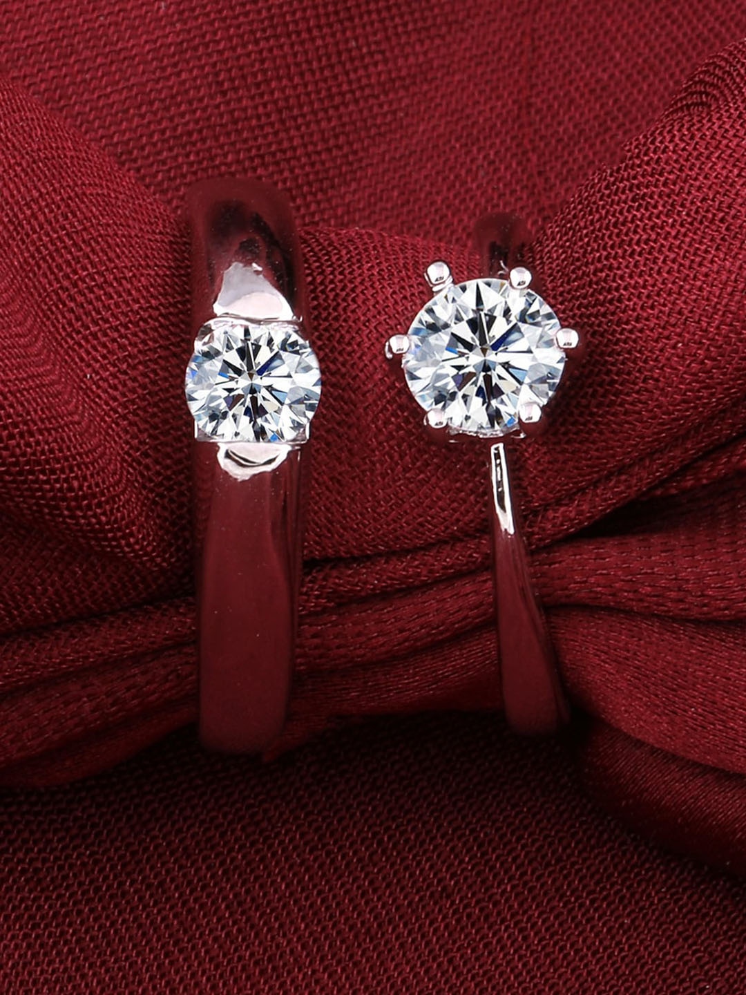 

Silver Shine Set Of 2 Silver-Plated American Diamond studded Couple Adjustable Rings