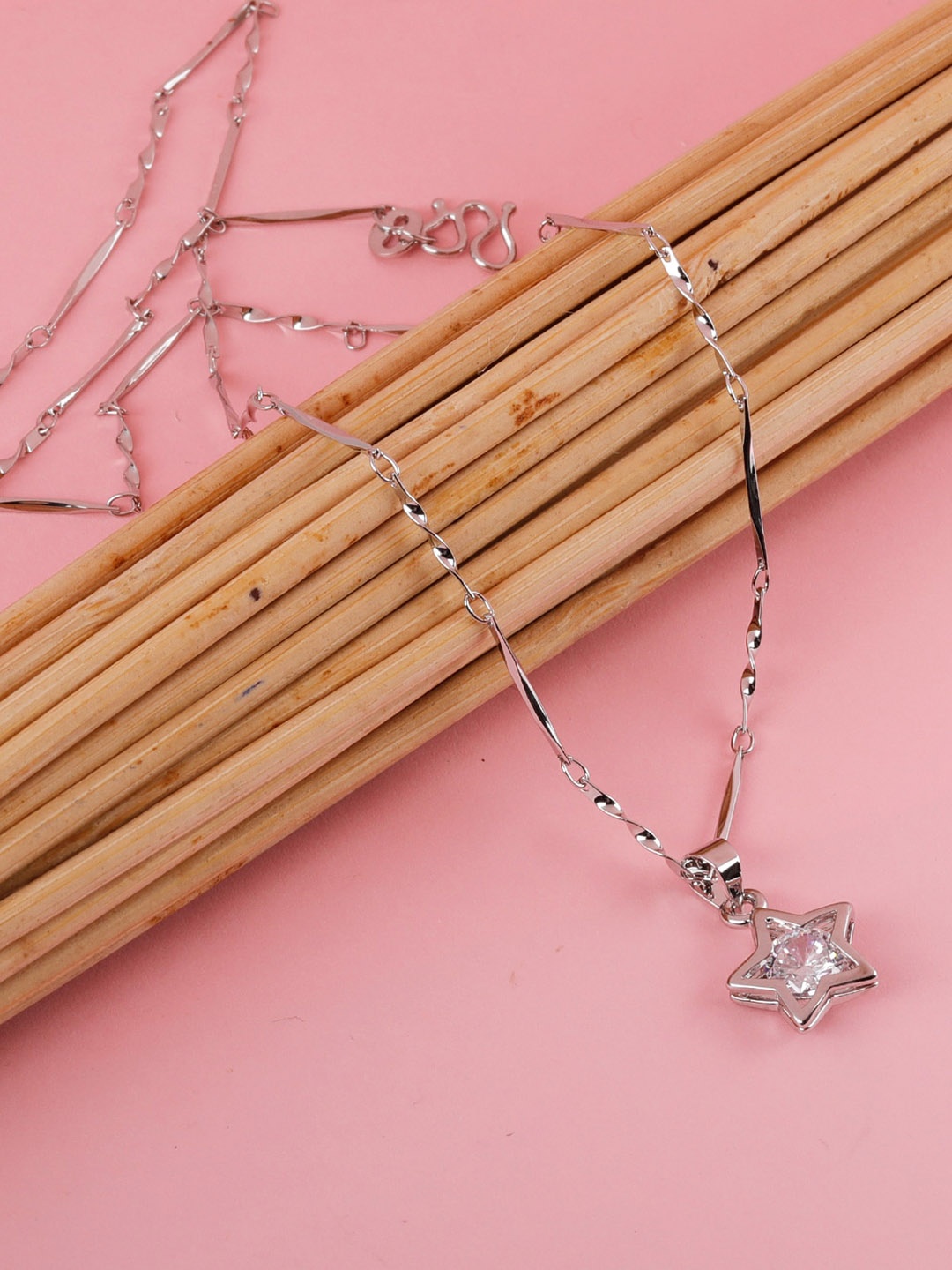 

Silver Shine Silver-Plated AD-Studded Couple Rings And Pendant Chain Jewellery Set