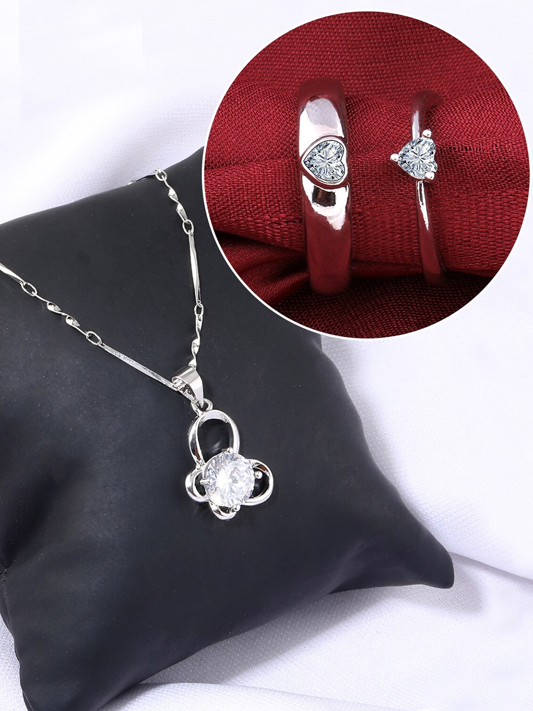 

Silver Shine Silver-Plated AD Studded Necklace With Adjustable Couple Rings